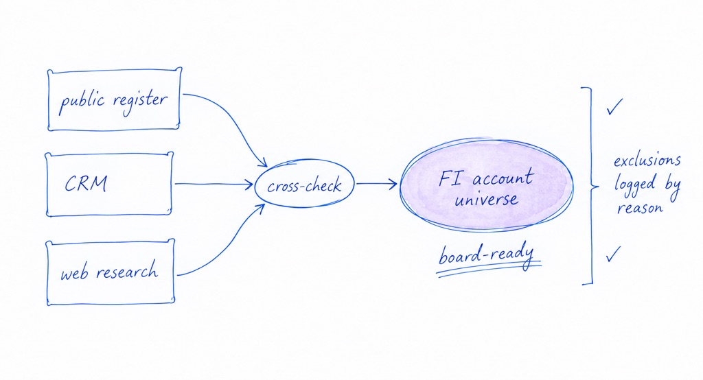 Hand-drawn market universe: a public regulatory register, the CRM, and web research cross-checked into one account universe, with exclusions logged by reason.